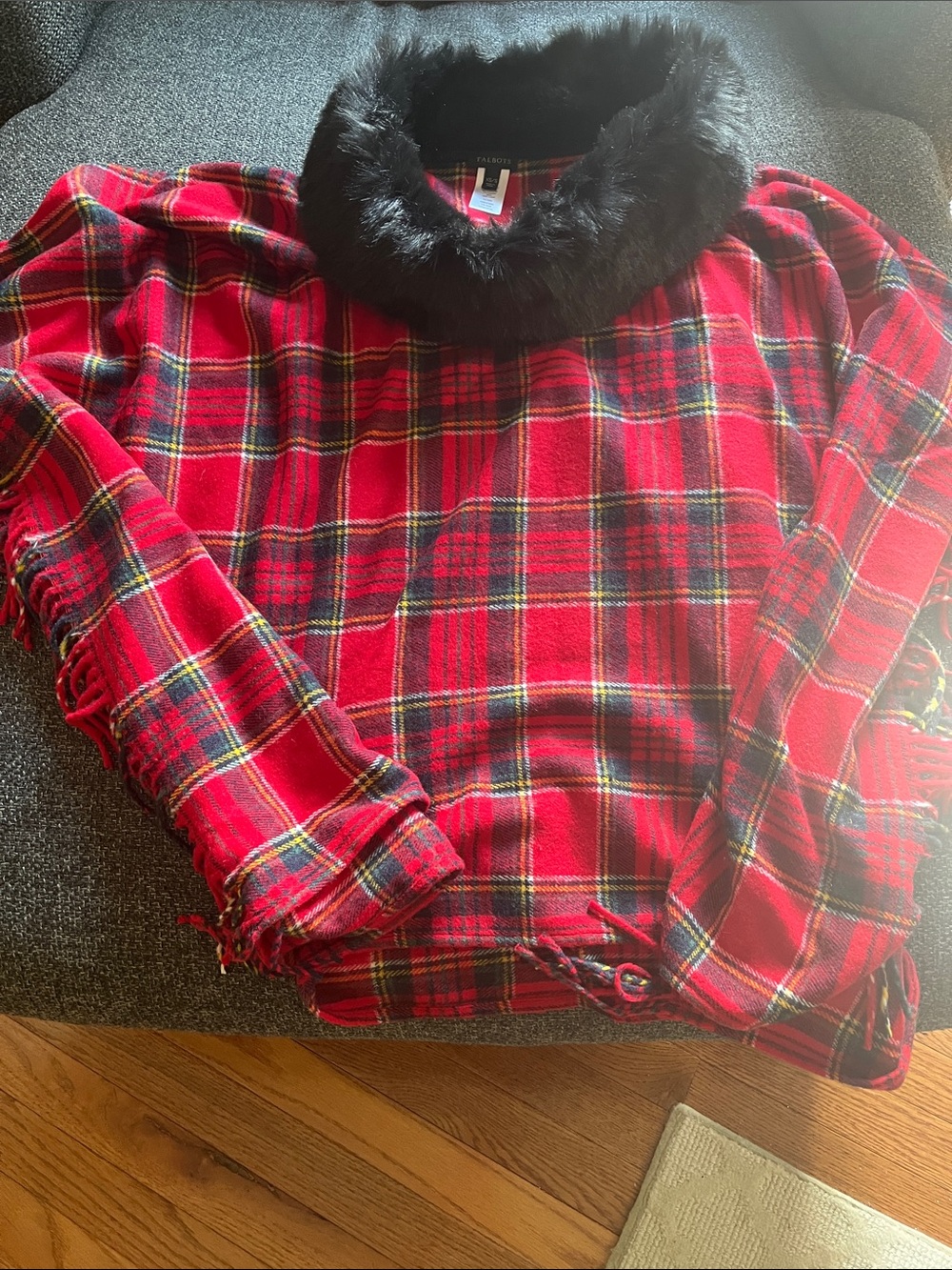 Talbots Red Plaid cape/ponchowith Black Faux Fur Collar